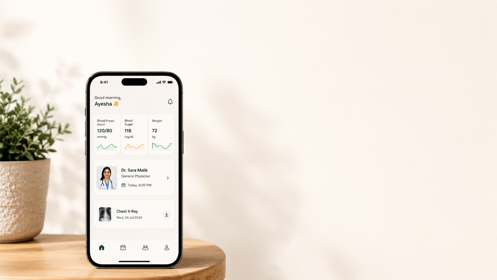 The Hayat app showing health readings, an appointment and a saved report